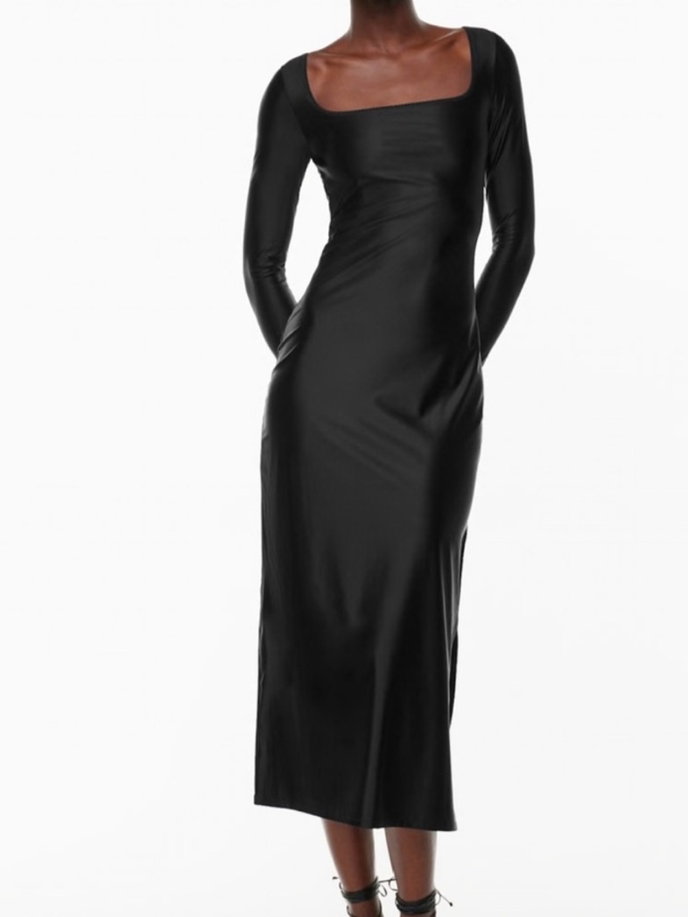 Aritzia TEN Satinette Starlit Dress Black Bodycon Midi Square Neck 2XS